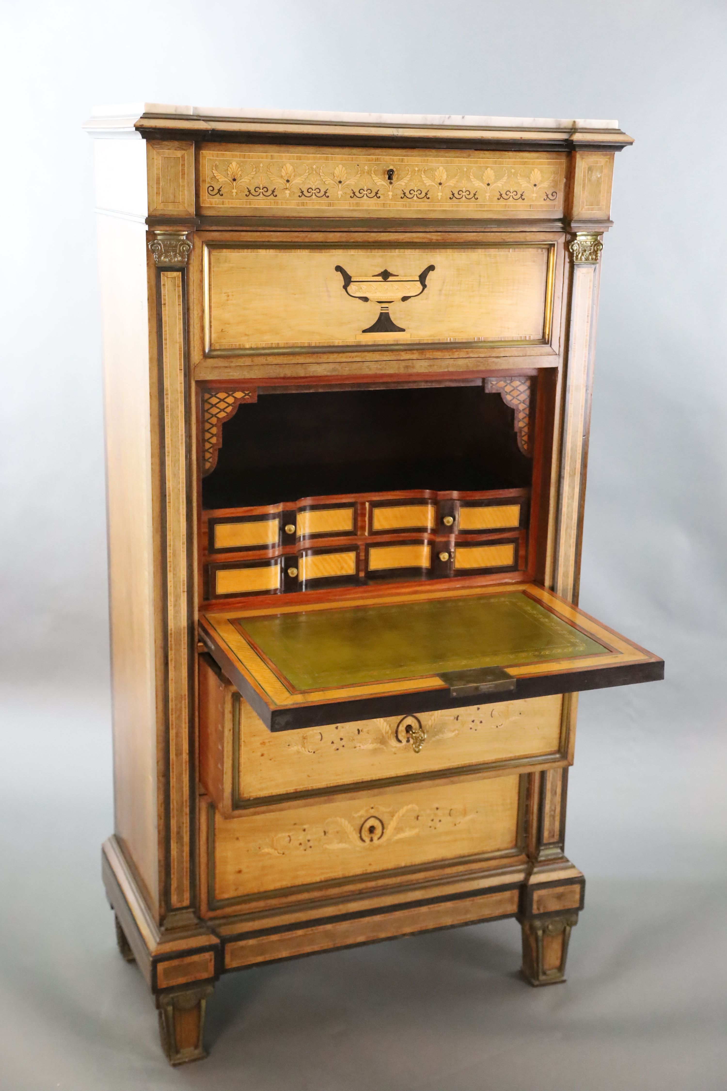A 19th century French Louis XVI style ormolu mounted parquetry, mahogany secretaire à abbatant, W.2ft 7.5in. D.1ft 4in. H.5ft